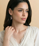 14K Gold Pink Freshwater Pearl Dangling Cluster Earrings - Model Image