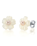 Pink Freshwater Button-Shape Cultured Pearl on Mother of Pearl Flower Lotus Earrings