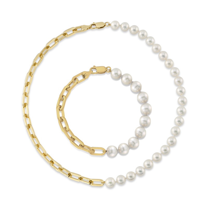 7mm White Freshwater Scarlett Pearl & Chain Necklace, Bracelet Set