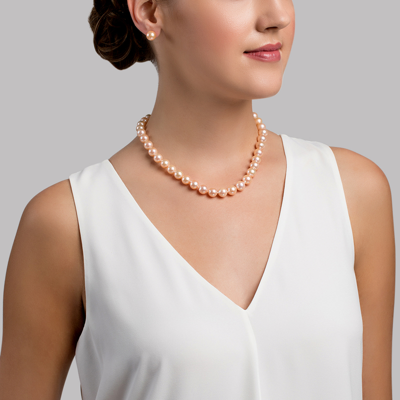 9.5-10.5mm Peach Freshwater Pearl Necklace - AAA Quality - Model Image