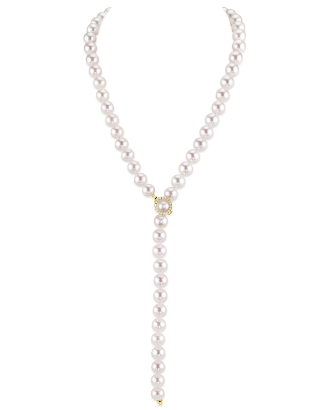 9.5-10.5mm White Freshwater Pearl & Diamond Adjustable Lariat Y-Shape Necklace- AAAA Quality - Third Image