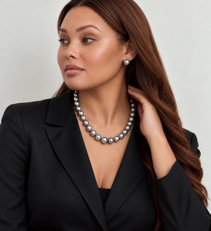 10-12mm Silver Tahitian South Sea Pearl Necklace - AAAA Quality - Secondary Image