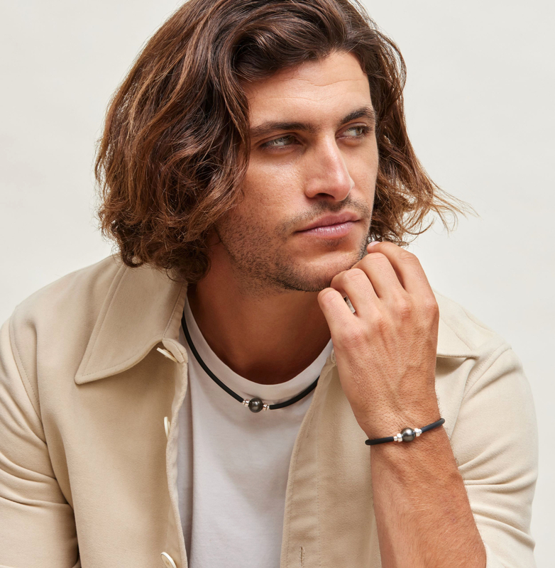Tahitian Round Pearl Rubber Necklace for Men - Secondary Image