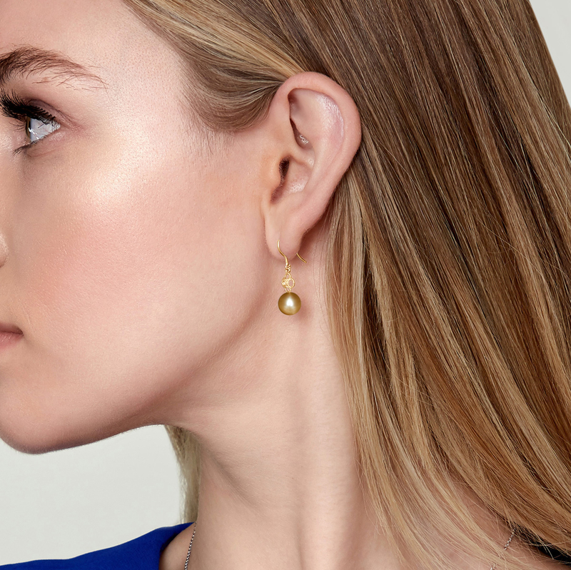 Golden South Sea Pearl & Diamond Lacy Earrings - Model Image