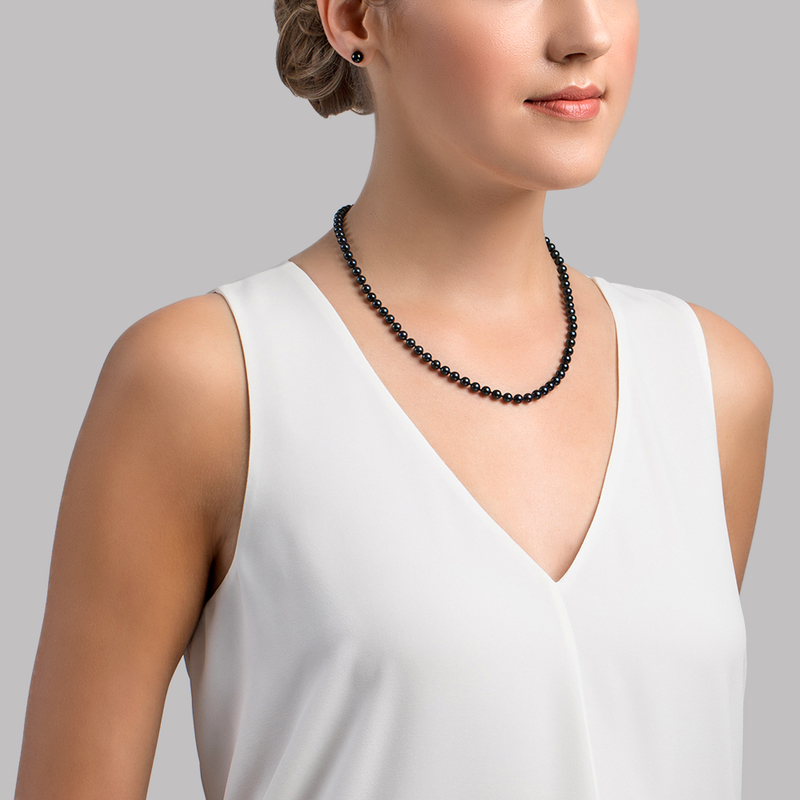 5.0-5.5mm Japanese Akoya Black Choker Length Pearl Necklace- AA+ Quality - Model Image