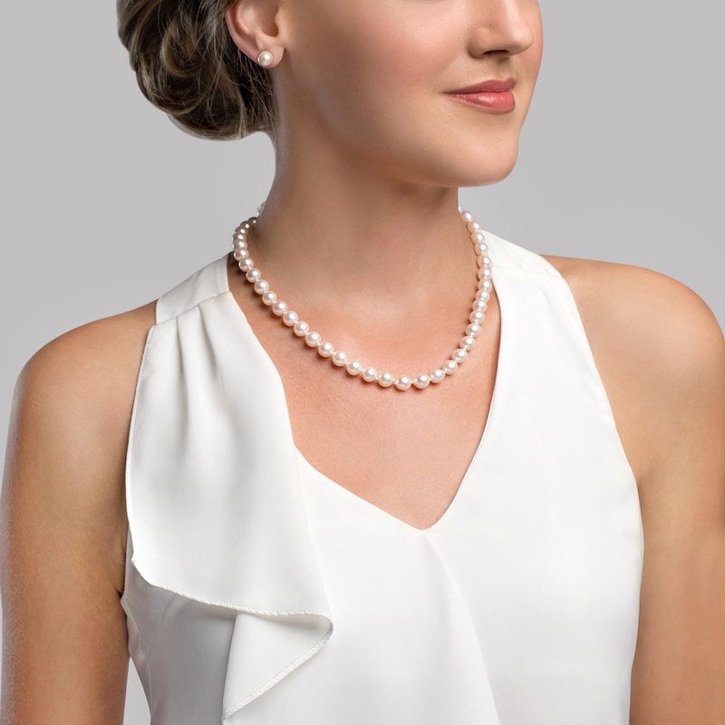 8-10mm Japanese Akoya White Pearl Necklace - AAA Quality - Model Image