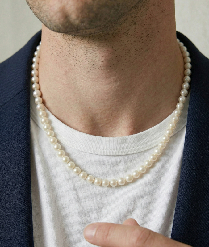8.0-8.5mm White Freshwater Pearl Adjustable Necklace for Men - Secondary Image