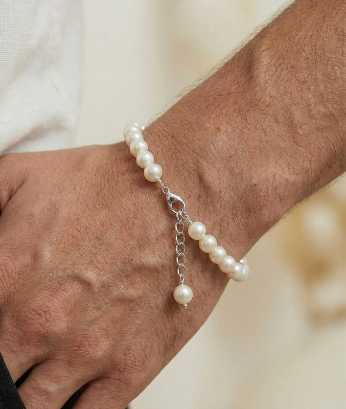 7.5-8.5mm White Freshwater Pearl Adjustable Bracelet for Men - Secondary Image
