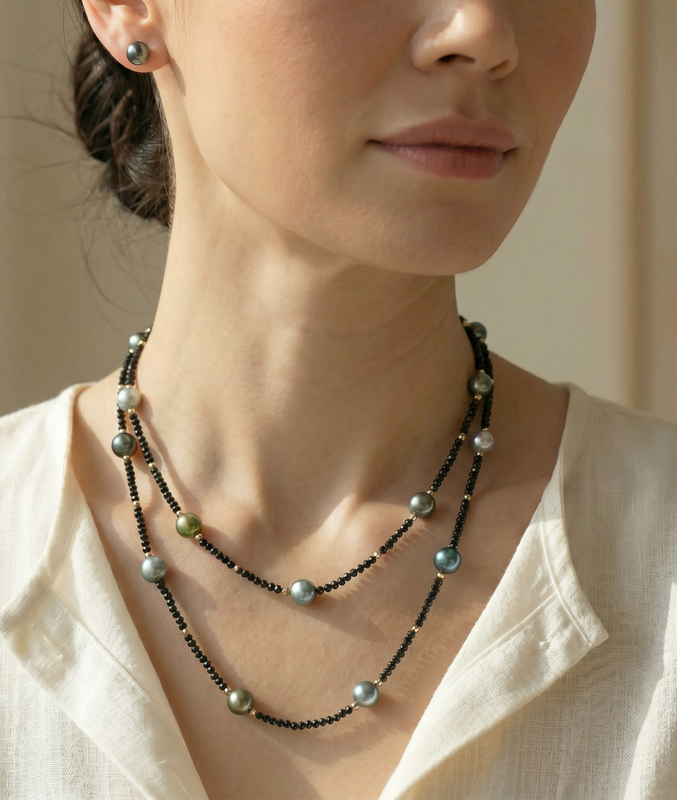 10-11mm Tahitian South Sea Multicolor Pearl & Gemstone Necklace - Model Image