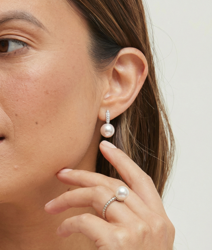 White South Sea Pearl & Diamond Huggie Emily Earrings - Secondary Image