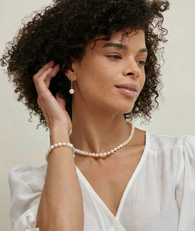 14K Gold Akoya Round Ball Double Chain Earrings - Model Image
