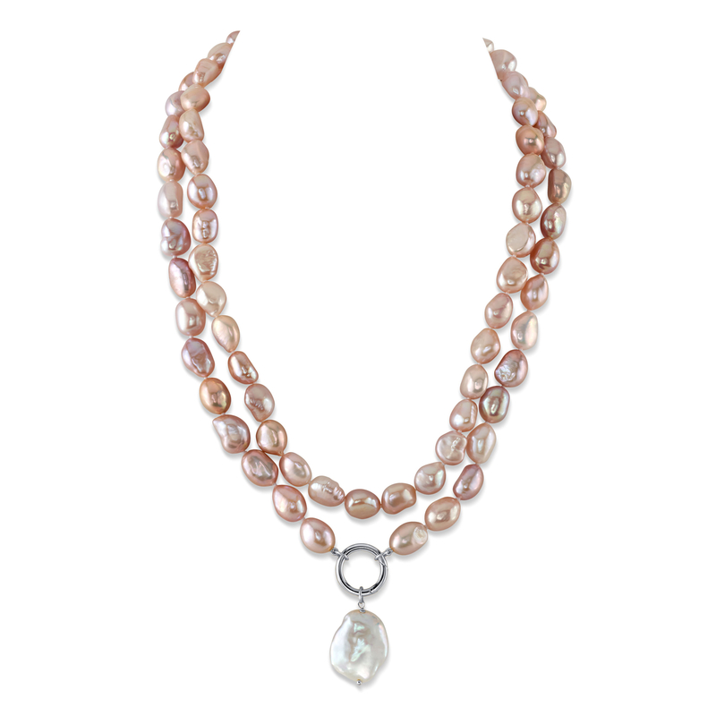 9.5-10.5mm Oval Pink Freshwater Pearl Double Strand Necklace
