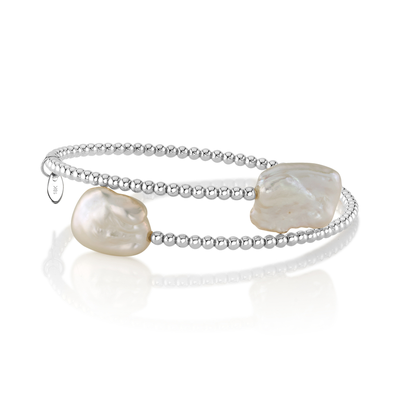 18K Gold White Freshwater Pearl Beaded Bangle Mira Bracelet
