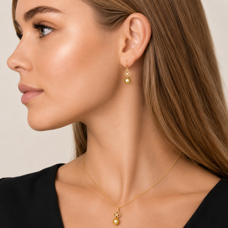 Golden South Sea Pearl & Diamond Lacy Pendant - Model Image