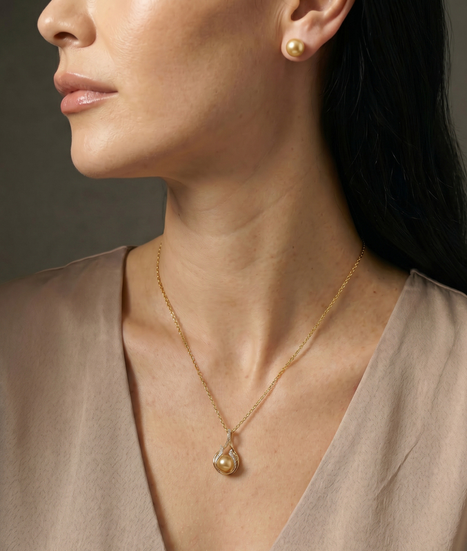 Golden South Sea Pearl & Diamond Layla Pendant - Model Image