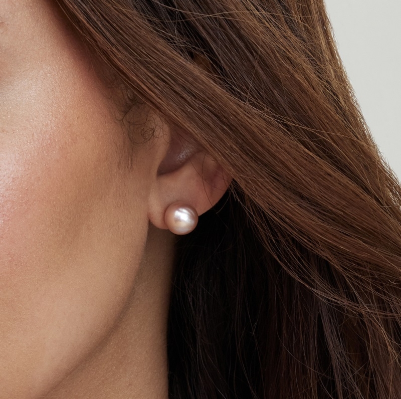 10mm Pink Freshwater Round Pearl Stud Earrings - Model Image