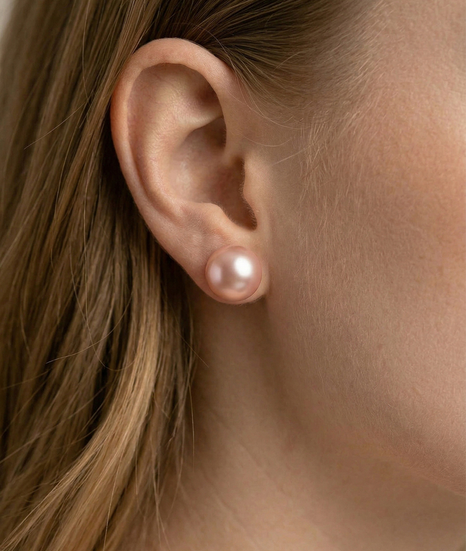 11mm Pink Freshwater Round Pearl Stud Earrings - Secondary Image