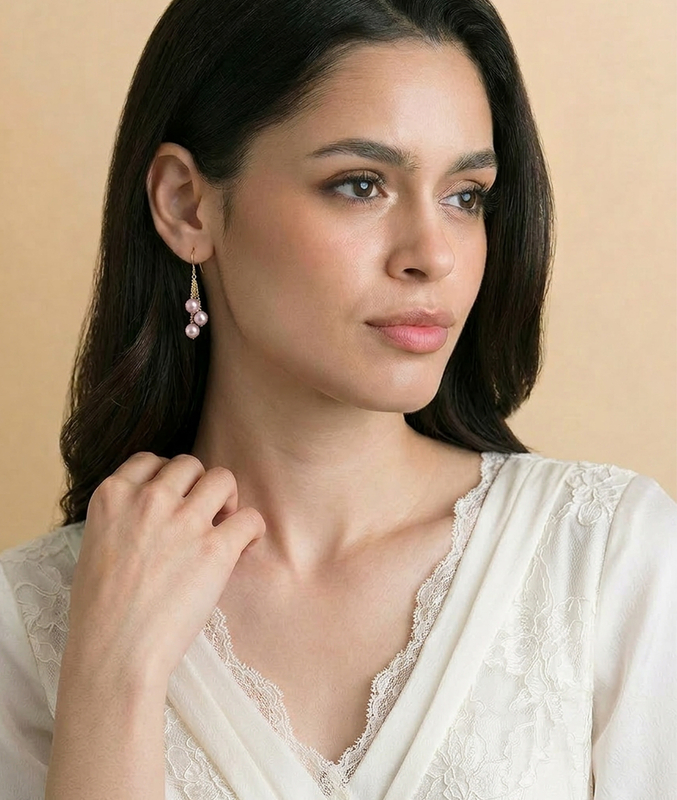 14K Gold Pink Freshwater Pearl Dangling Cluster Earrings - Model Image