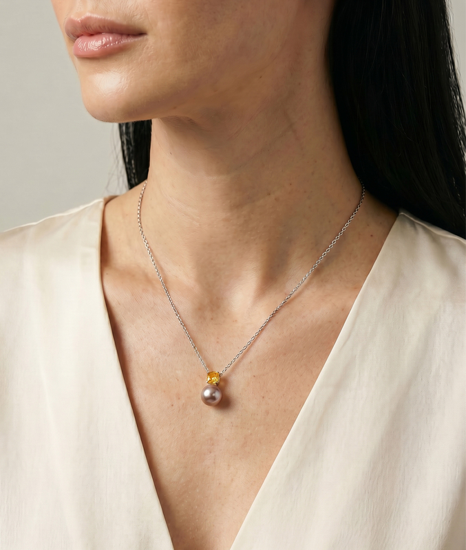 14K Gold Freshwater Pearl & Citrine Pendant - Model Image
