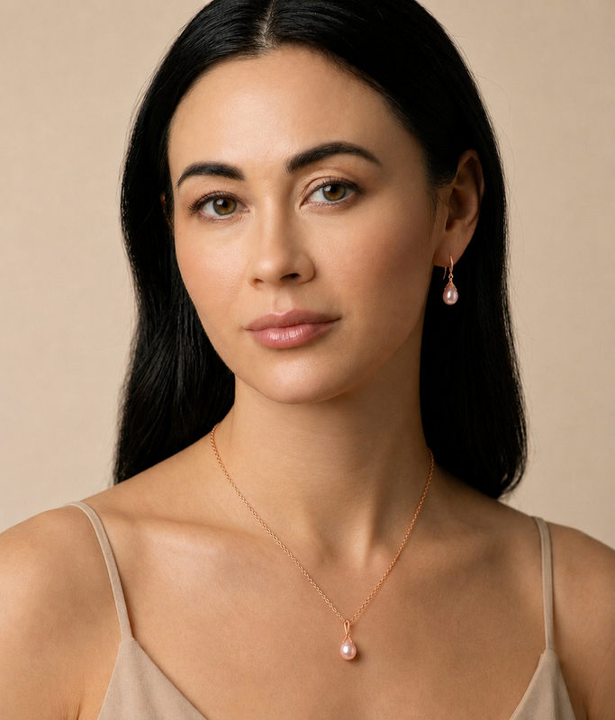 10-11mm Pink Freshwater Pearl Rose Gold Plated Olive Drop Pendant - Model Image