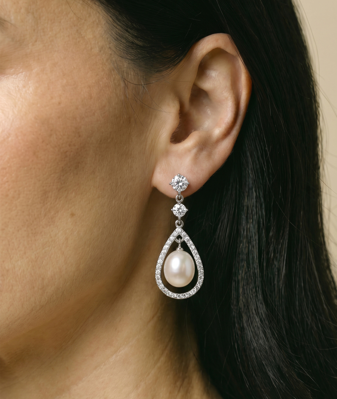 White Freshwater Pearl Dazzel Earrings - Secondary Image