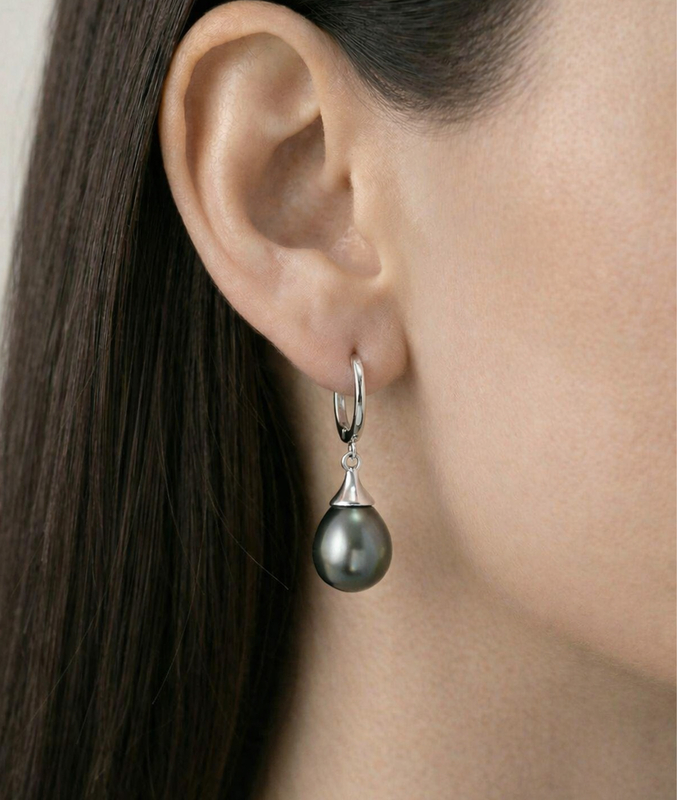 Silver Tahitian South Sea Teardrop Pearl Leverback Earrings - Secondary Image