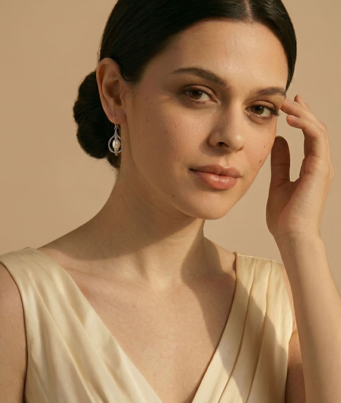 White Freshwater Pearl Eternal Earrings - Model Image