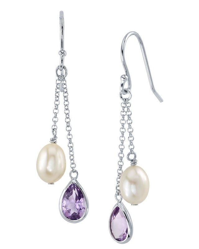 White Freshwater Drop-Shape Cultured Pearl & amethyst Earrings