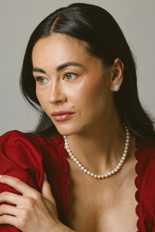 Pink Freshwater Button-Shape Cultured Pearl on Mother of Pearl Flower Lotus Earrings - Model Image