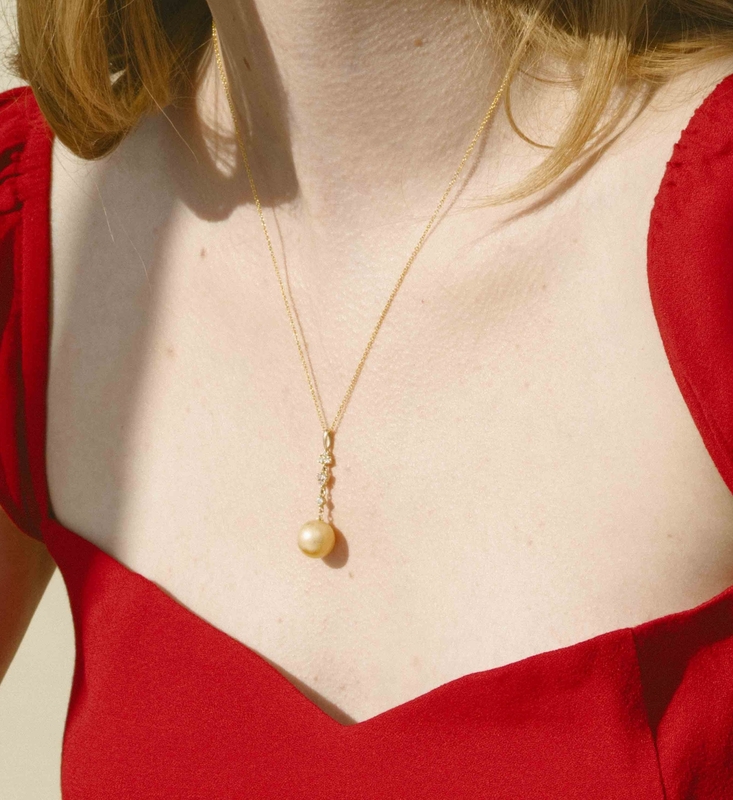 Golden South Sea Pearl & Lab Grown Diamond Georgia Pendant - Model Image