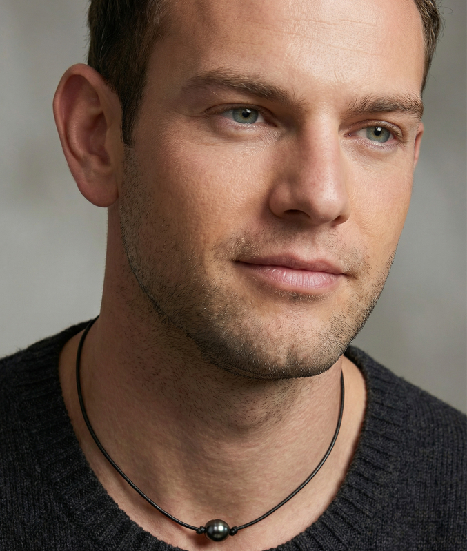 Tahitian Baroque Pearl Leather Adjustable Necklace for Men - Model Image