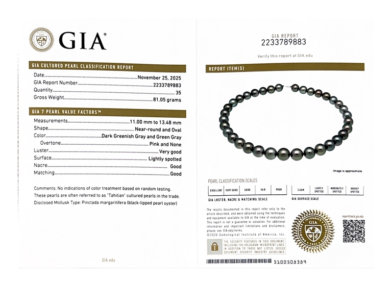 11-13mm Rare AAAA Quality Green Tahitian Round Pearl Necklace - GIA Certified - Secondary Image