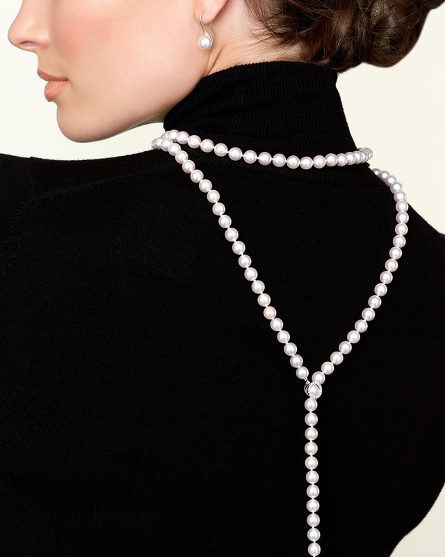 8.0-8.5mm Japanese Akoya White Pearl & Diamond Lariat Y-Shape Adjustable Necklace in Opera Length - Model Image