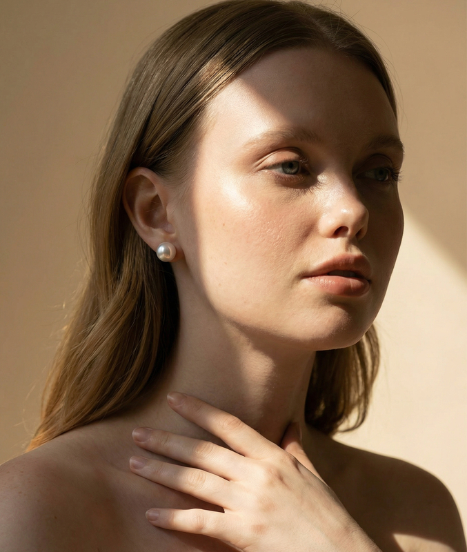 13mm White Freshwater Round Pearl Stud Earrings - Model Image