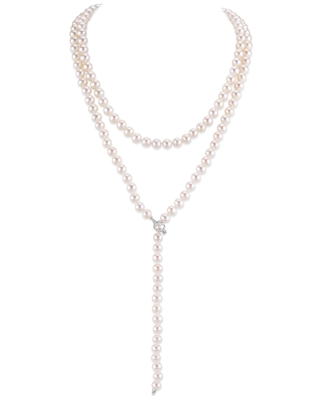 Japanese Akoya White Pearl Adjustable Lariat Y-Shape 51 Inch Rope Length Necklace - AAA Quality