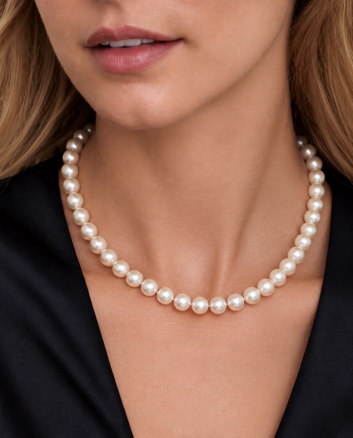 8-8.5mm White Freshwater Choker Length Pearl Necklace - Model Image