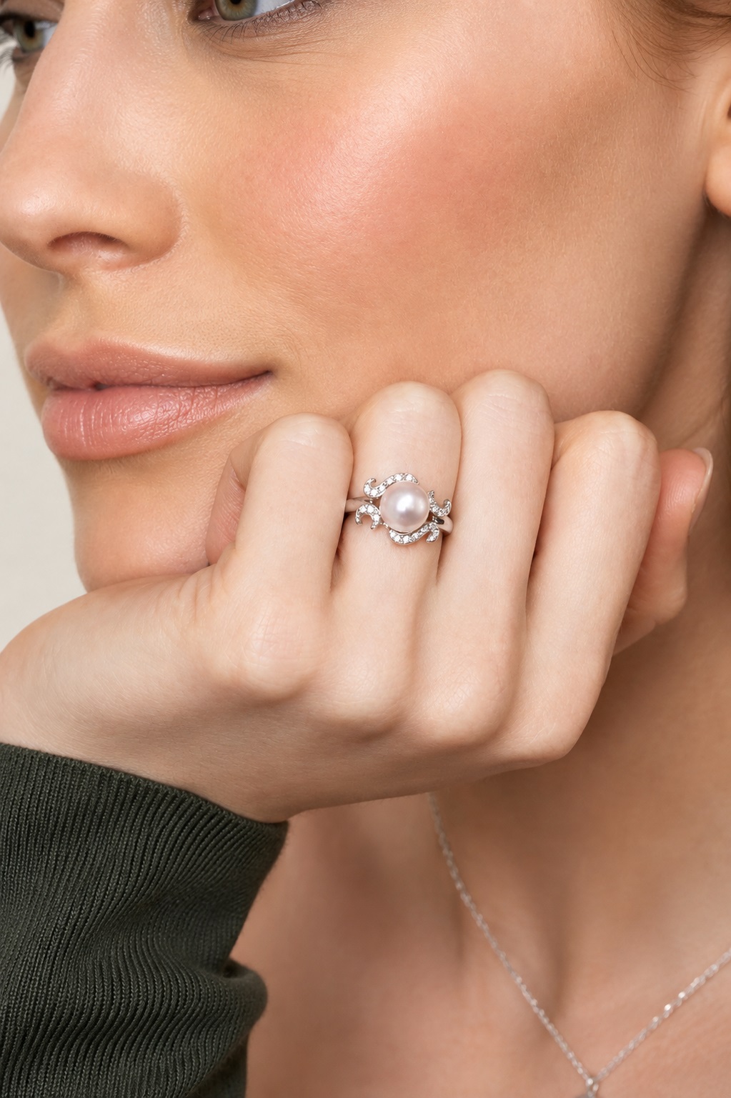 Akoya Pearl & Diamond Crown Jewel Ring - Model Image