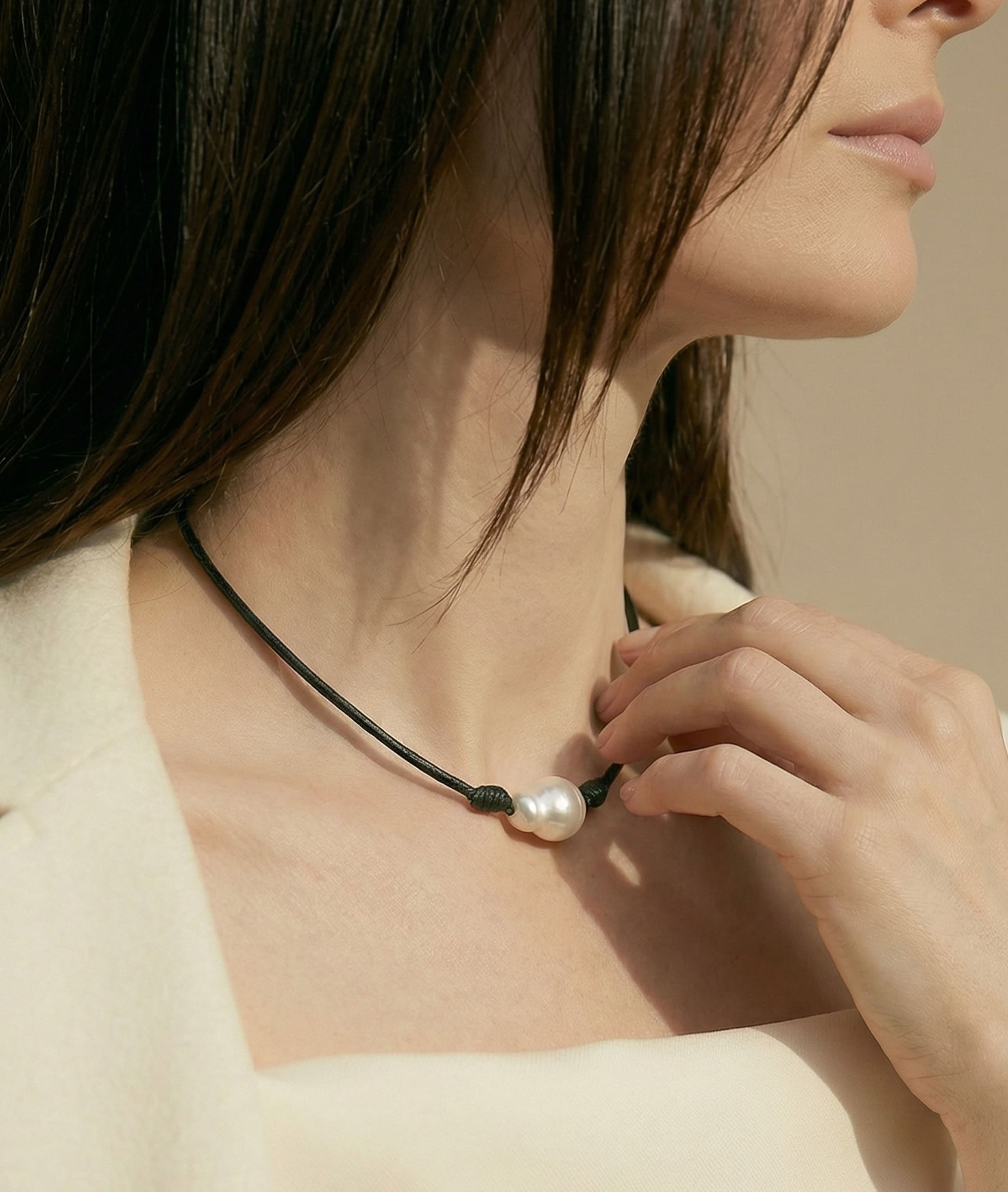 White South Sea Baroque Pearl Leather Adjustable Necklace - Various Sizes - Secondary Image