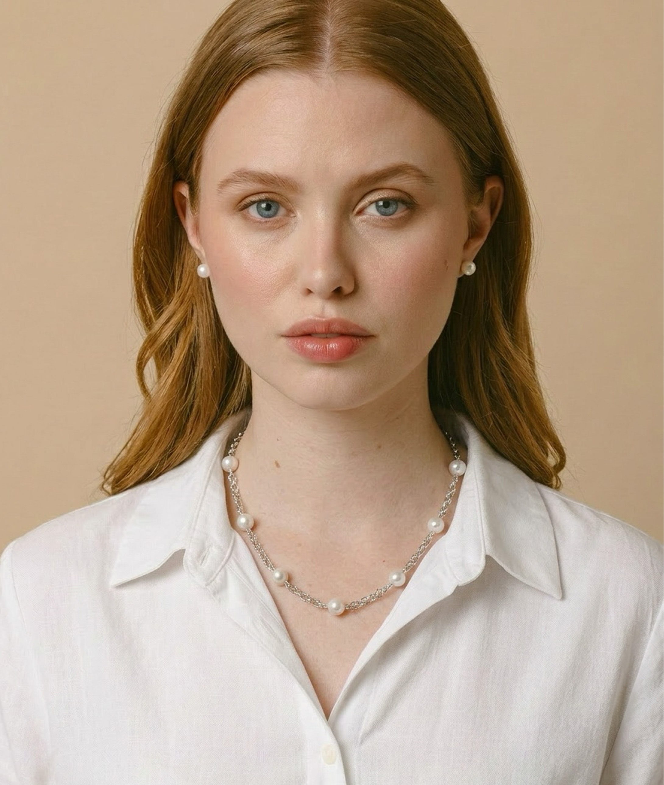 White Freshwater Pearl Tincup Braided Necklace - Model Image
