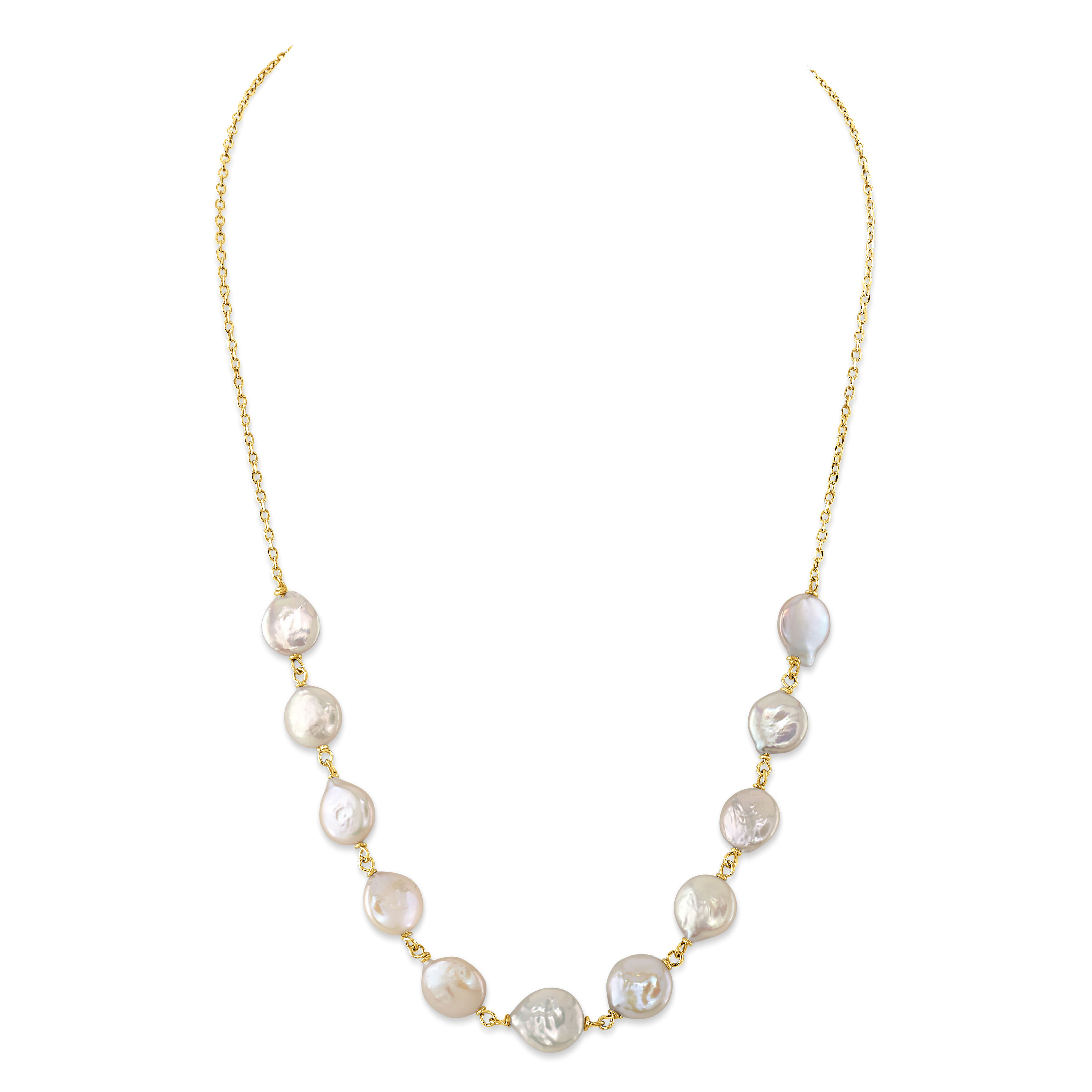 Natural Freshwater Coin Pearl Strand – White/Light Gold, 16-17mm, 16 Inch