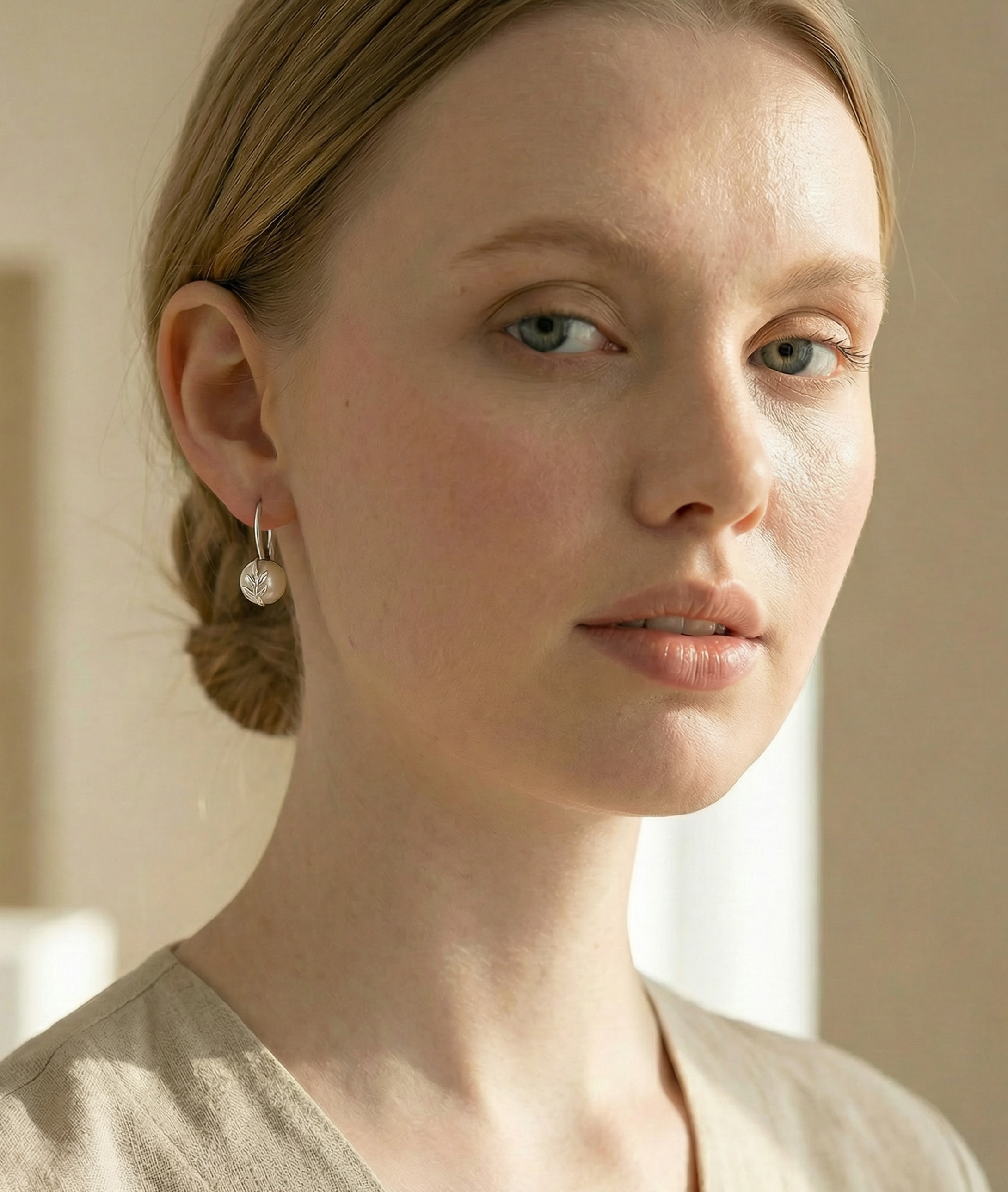 Freshwater Pearl Jayne Leaf Earrings - Model Image