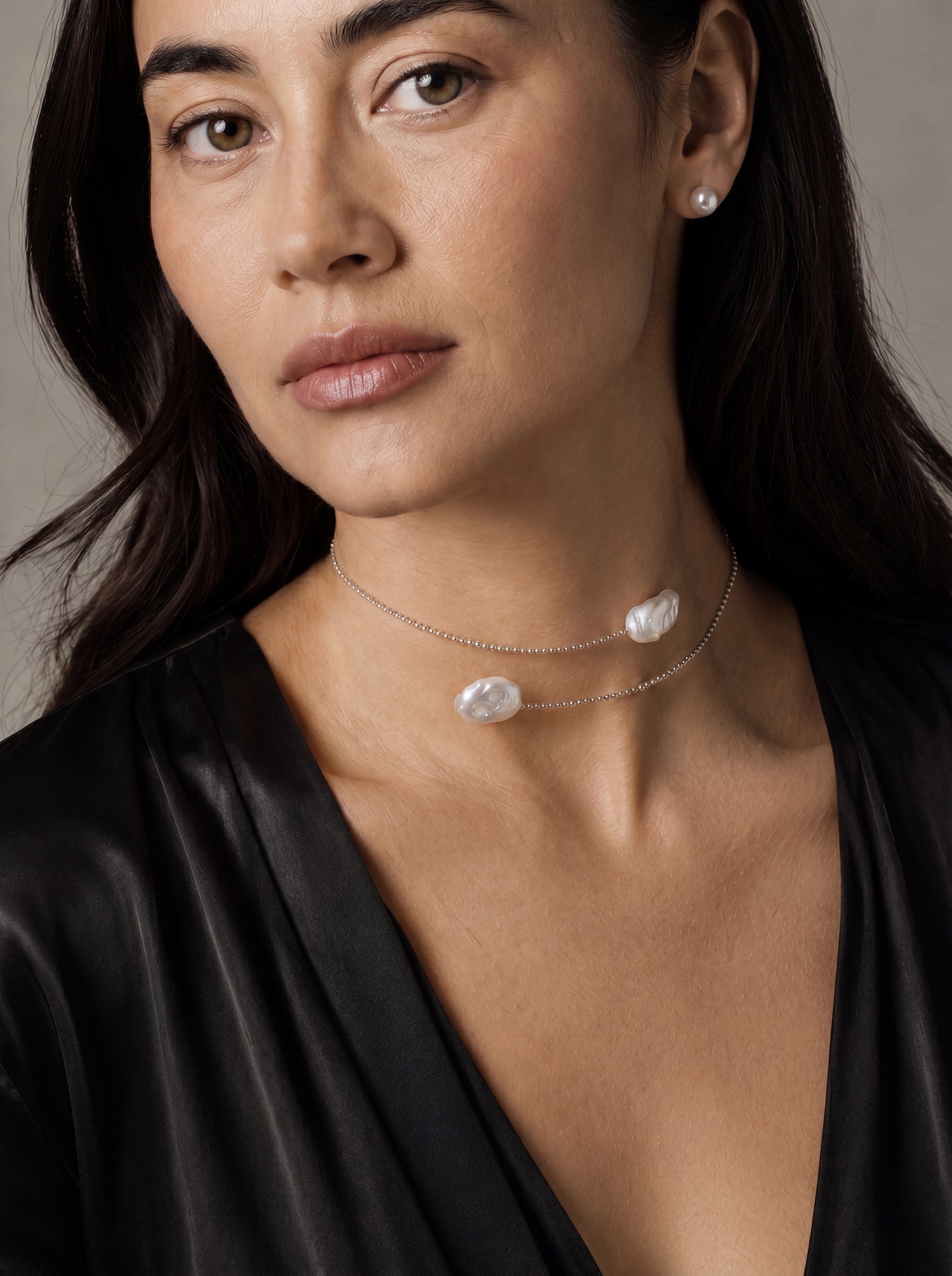 14K Gold White Baroque Freshwater Pearl Beaded Bangle Mira Necklace - Model Image