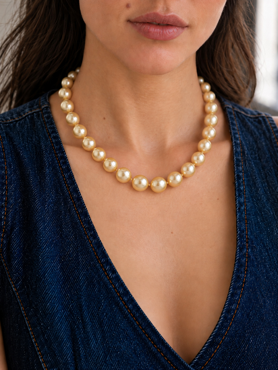11-13mm Drop - Shape Golden South Sea Pearl Necklace - AAA Quality - Model Image