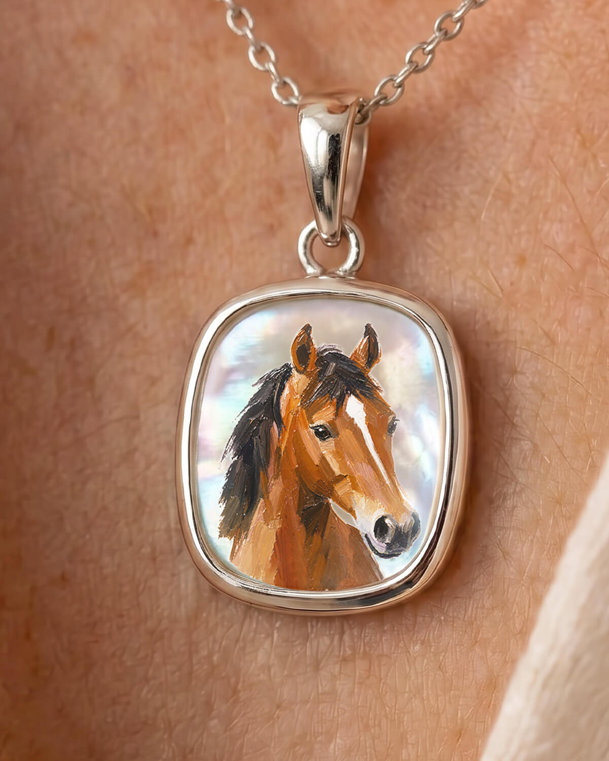 14K Gold Custom Mother of Pearl Oval Pendant - Model Image