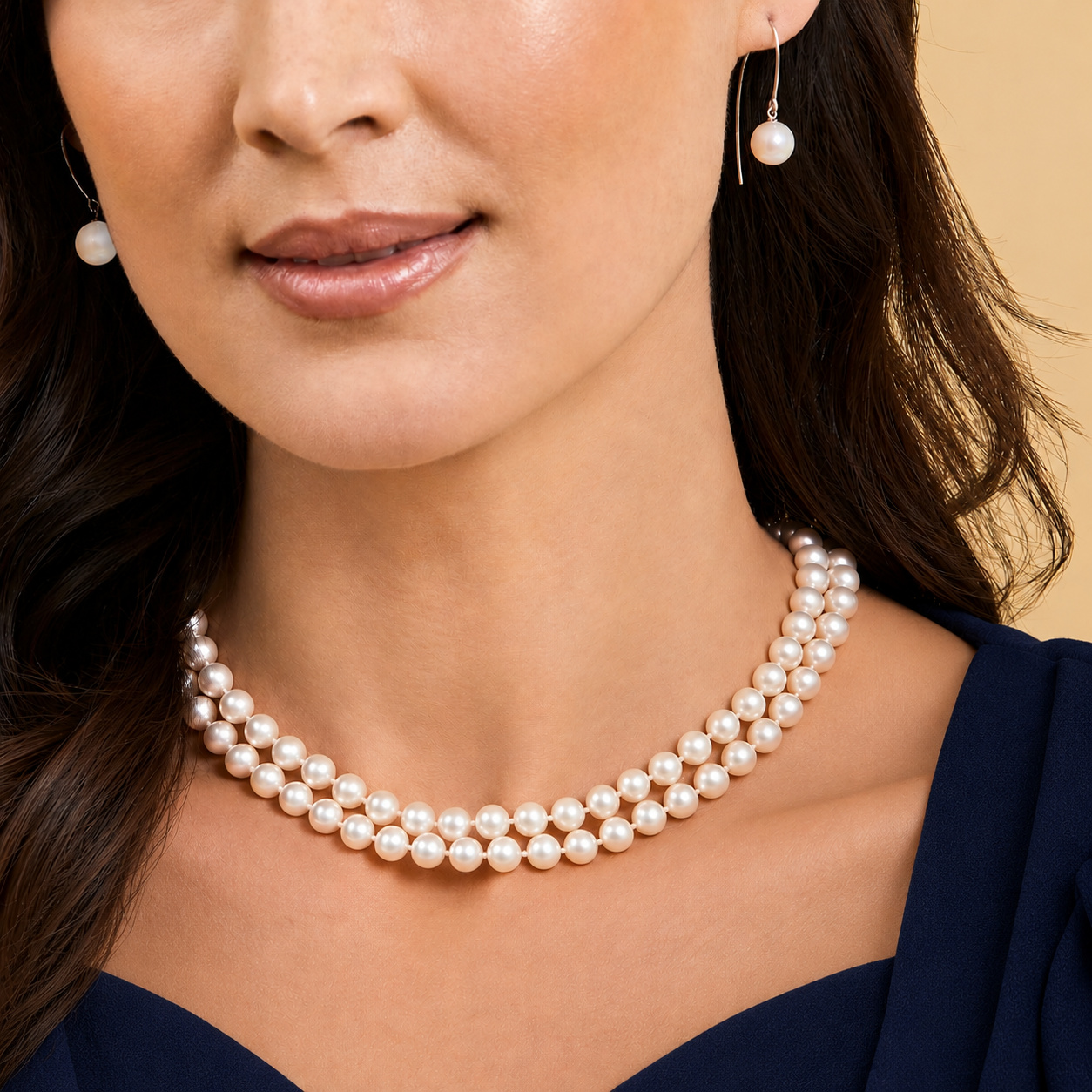 7.5-8.5mm Double Strand White Freshwater Pearl Necklace - Model Image