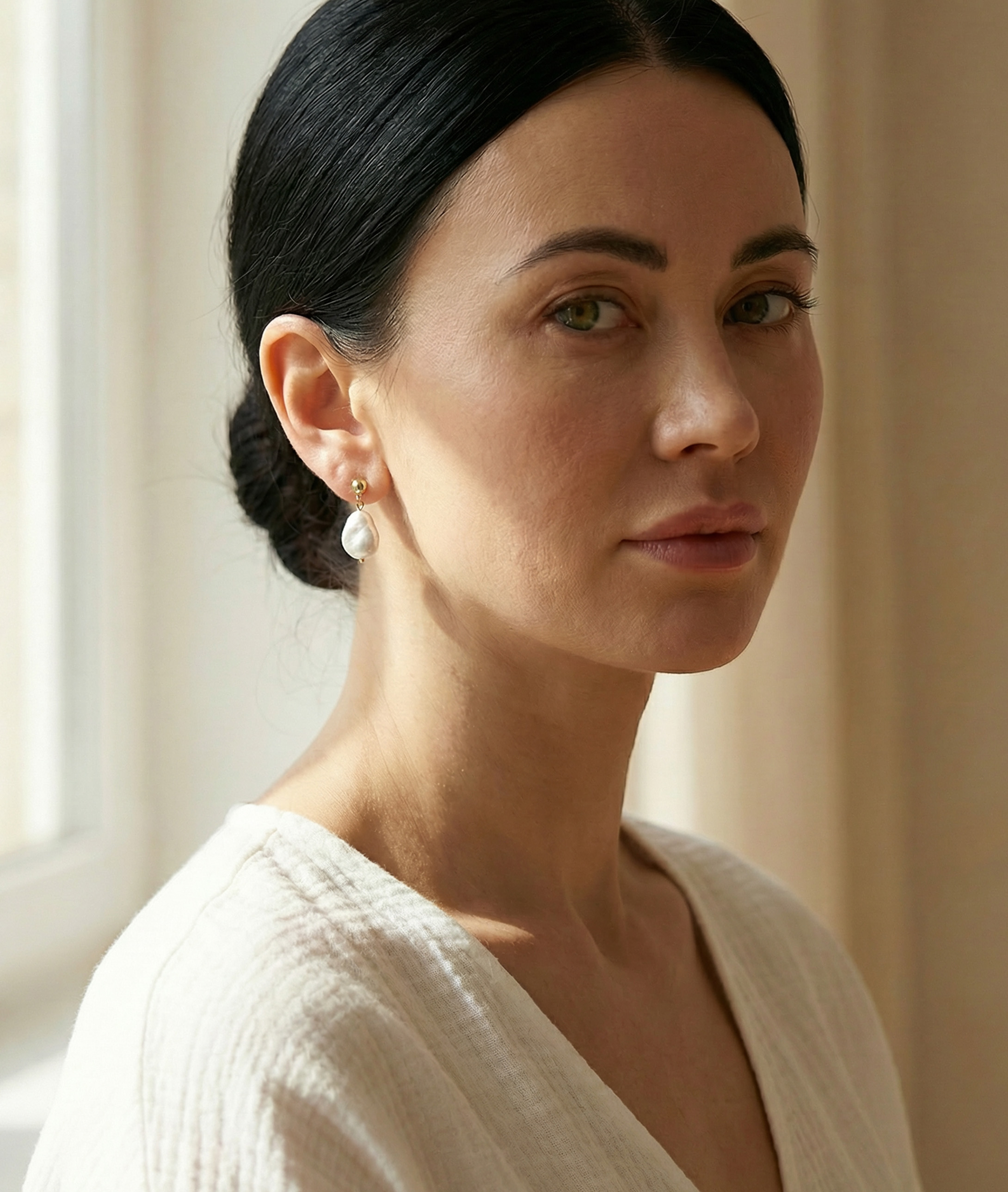 White Freshwater Baroque Pearl Alaya Earrings - Model Image