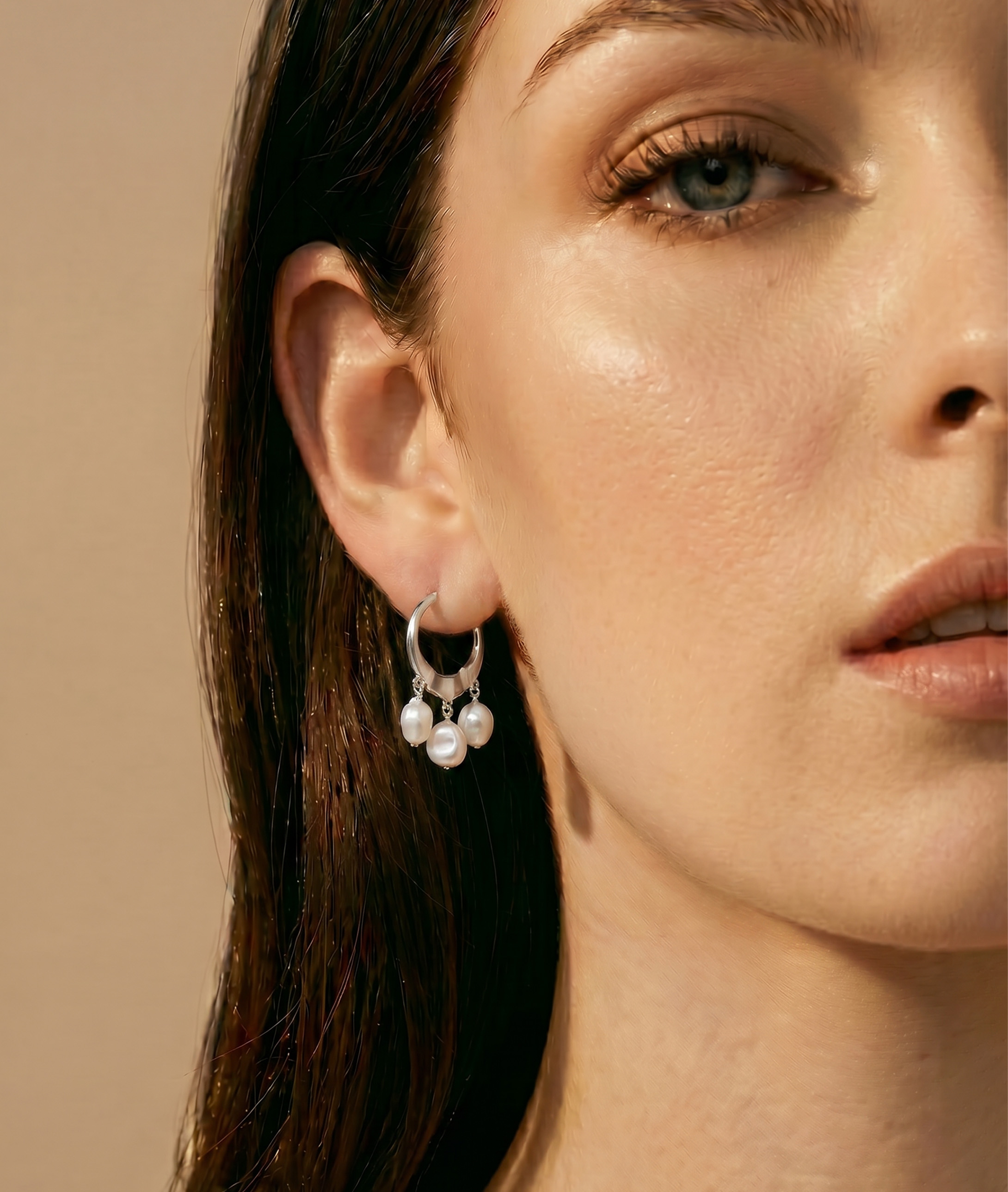 White Freshwater Baroque Pearl Amara Earrings - Model Image