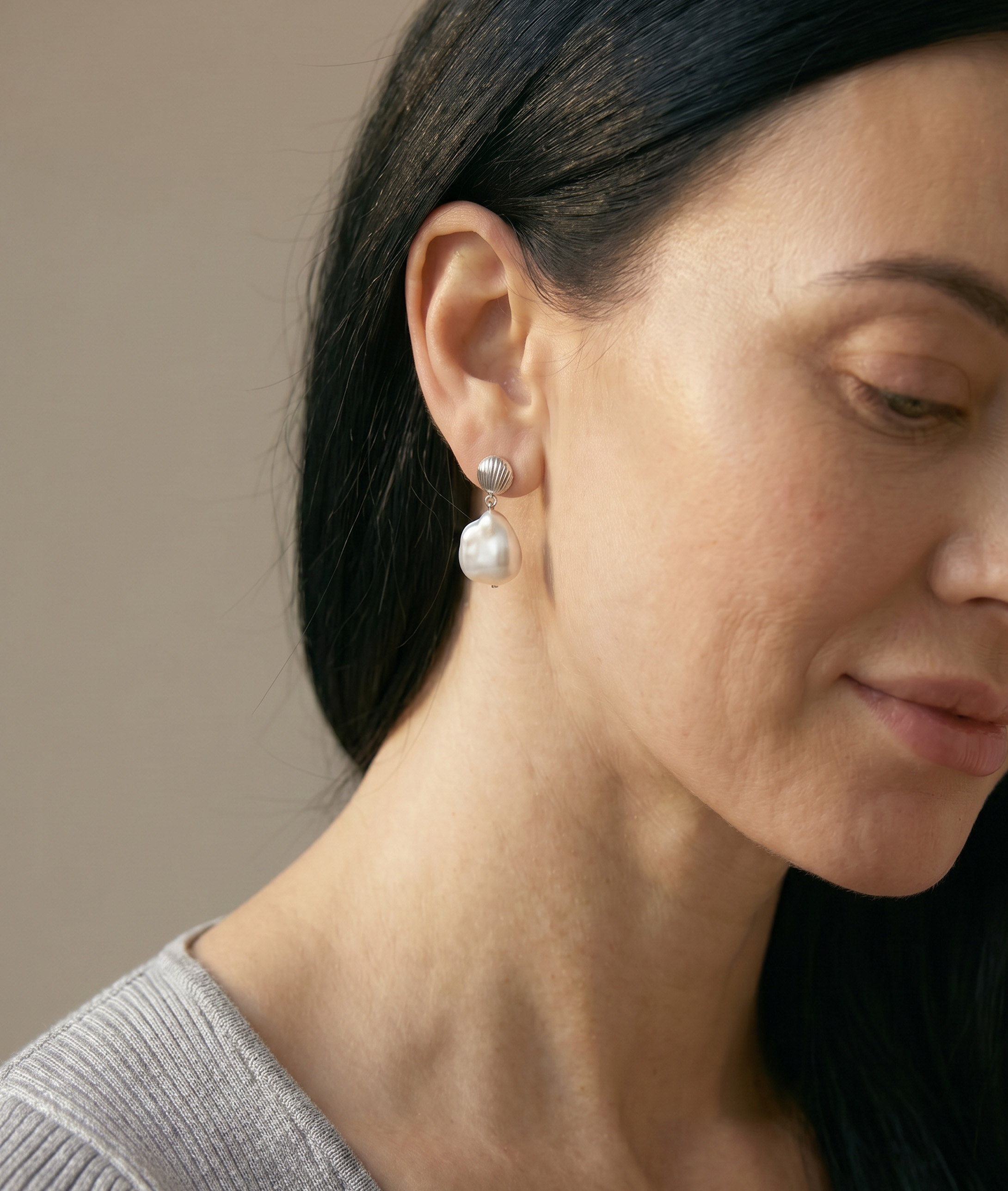 White Freshwater Baroque Pearl Bianca Earrings - Model Image