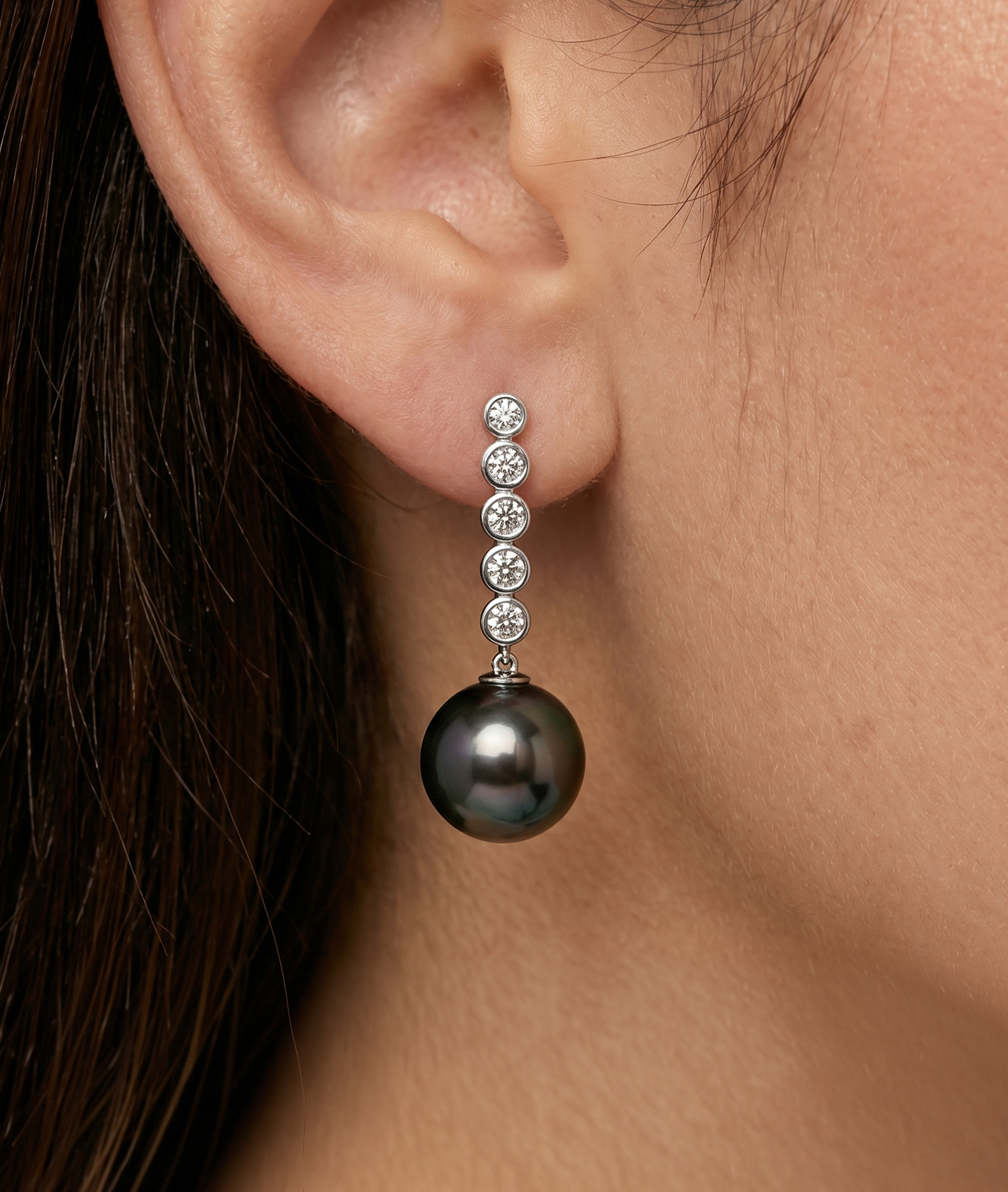 Tahitian South Sea Pearl & Diamond Cascade Earrings - Secondary Image