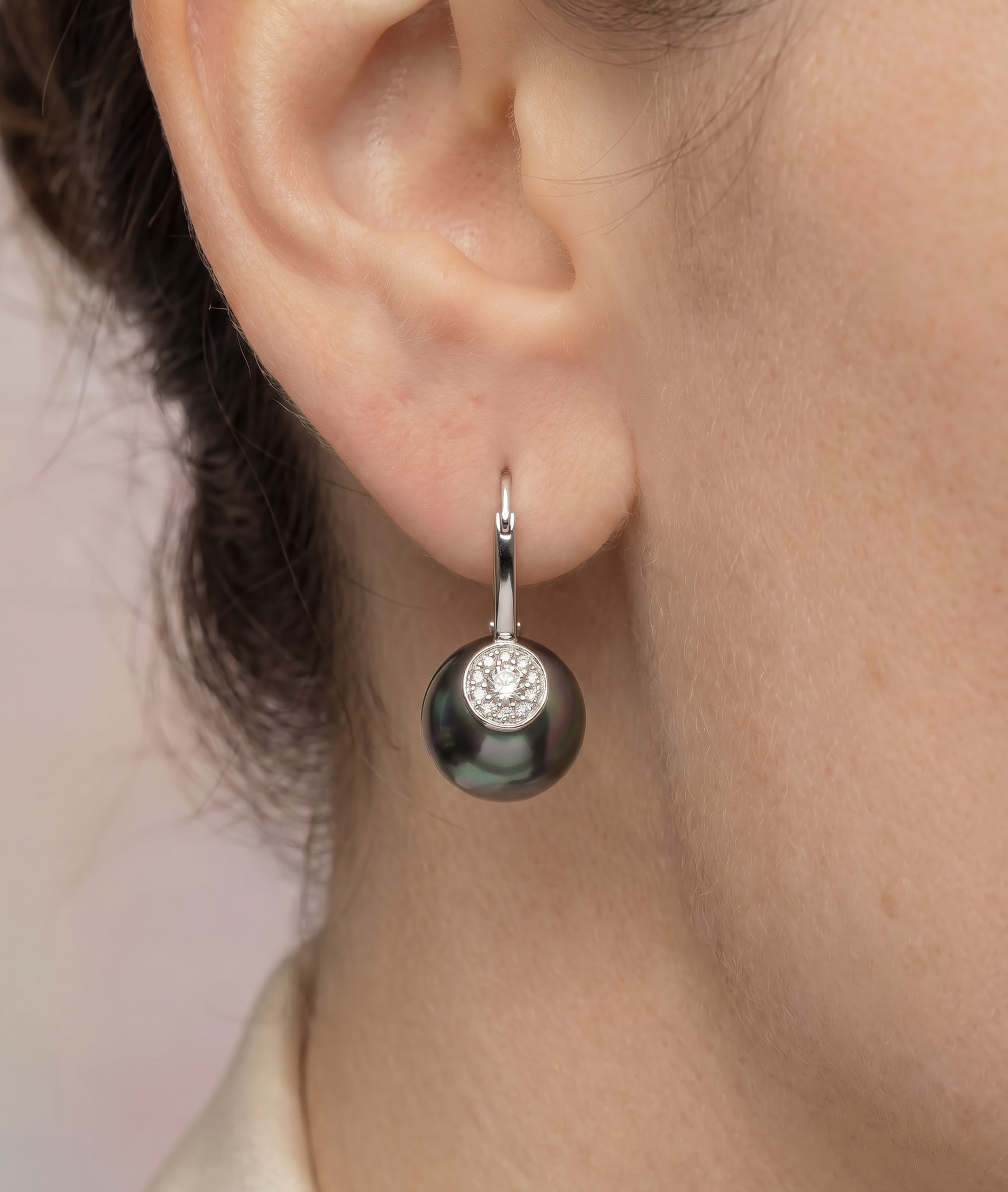 Tahitian South Sea Pearl & Diamond Huggie Vivian Earrings - Model Image